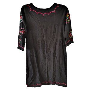 Michael Simon Black Dress Large, Embroidered Flower, Cotton 3/4 Sleeve Pink Trim